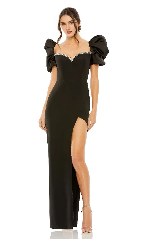 Act Fast Black heart-shaped neckline short bubble sleeves side slits and floor length Prom dress