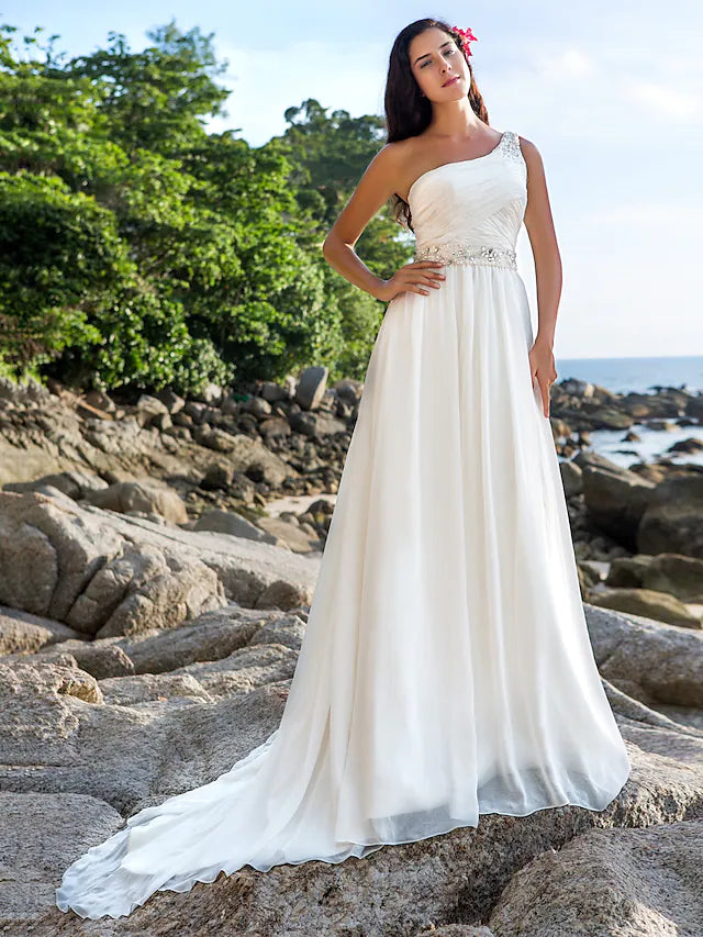 Can't Be Beat Beach Open Back Wedding Dresses  A-Line Regular Straps One Shoulder Chiffon With Sash  Ribbon Beading