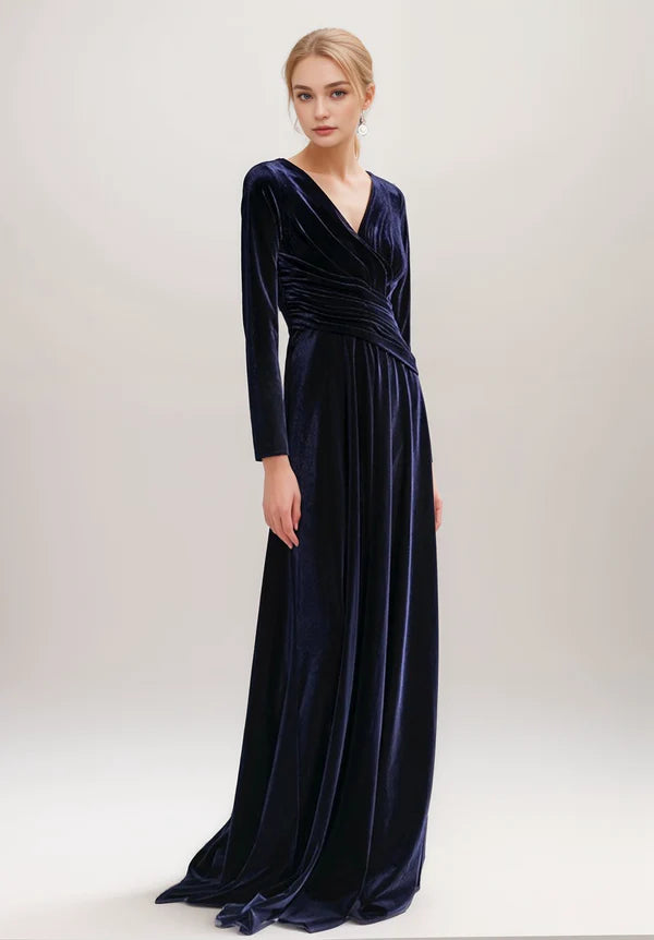 Bargain Prices Sexy Long sleeves V-Neck tilting ruched waist wrap Velvet Dress