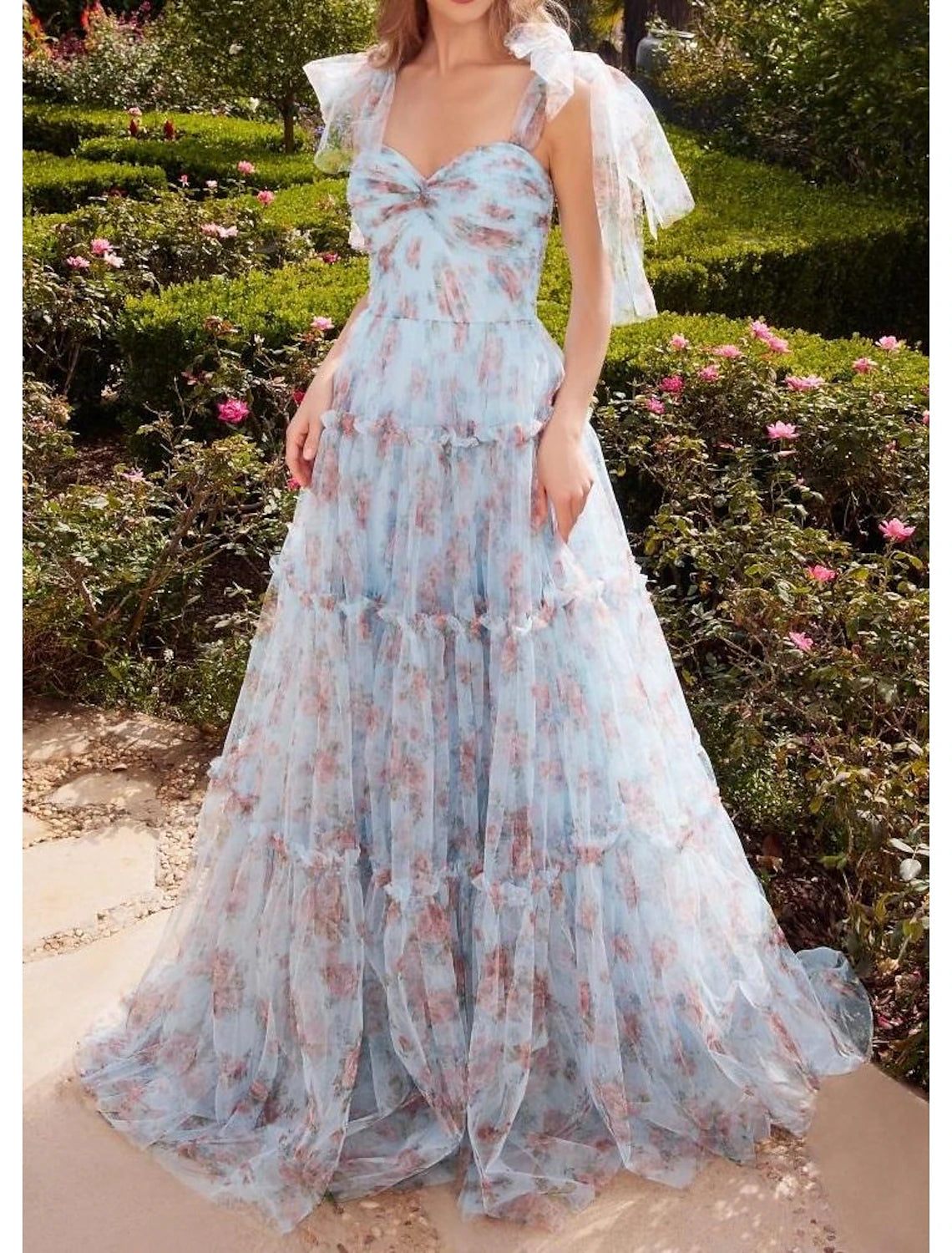 Crazy Deals A-Line Prom Dresses Blue Princess Dress Prom Court Train Sleeveless Chiffon with Floral Ruffles Print