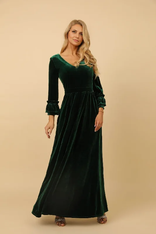 Last Chance Emerald Velvet Formal Bridesmaid Dress Wedding Guest Dress Low Back V-neck Dress Evening Dress