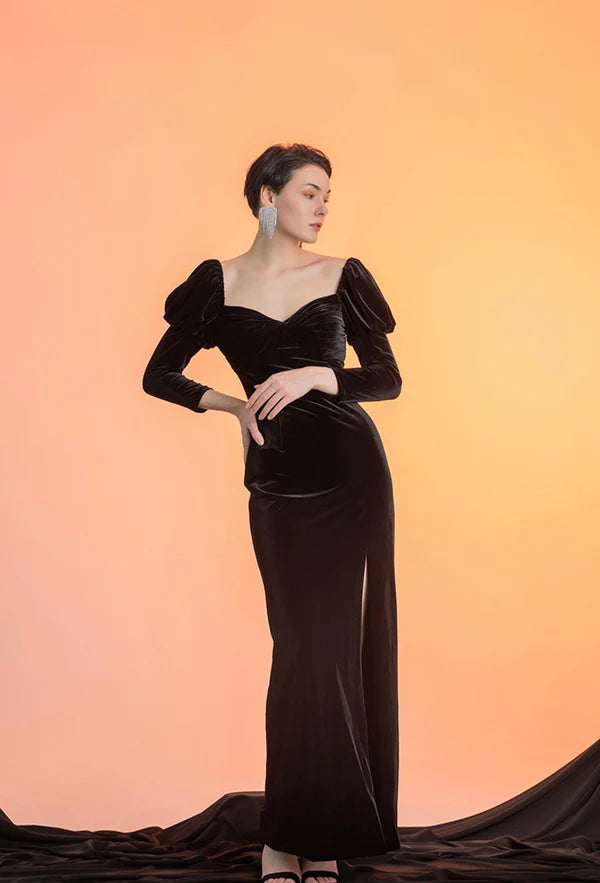 Limited Time Offer Puffed long Sleeves sweetheart neckline Sheath velvet Prom Dress thigh slit
