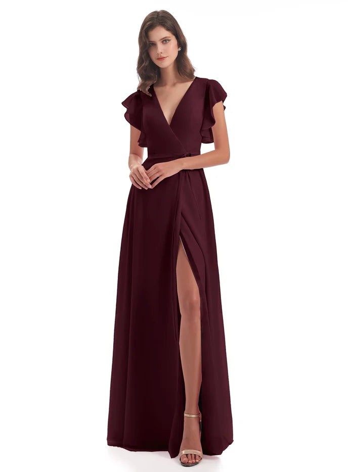 Warehouse Sale Sheath Floor Length V-Neck Chiffon Ruffles Bridesmaid Dresses With Slit