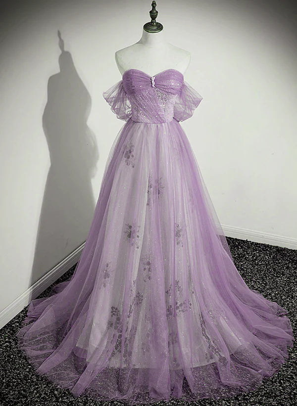 Year-End Sale Lavender Tulle A-line Beaded Off Shoulder Party Dress Long Formal Quinceanera Dress