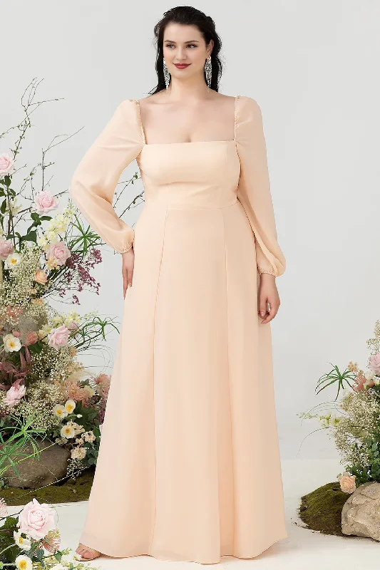 Weekend Flash Sale Champagne A-line square neck chiffon plus size bridesmaid dress