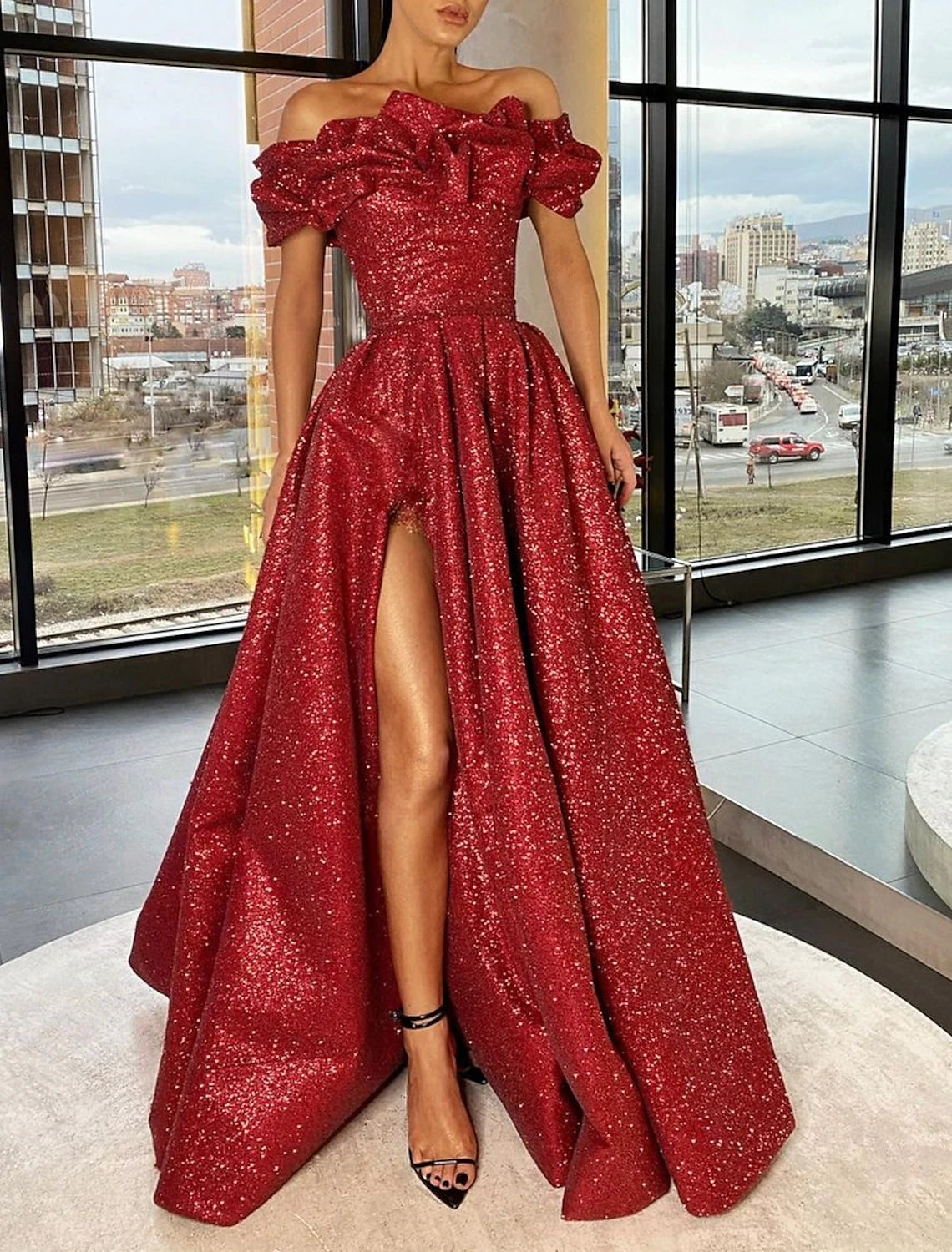Stock Clearance A-Line Prom Dresses Sparkle & Shine Dress Wedding Guest Prom Sweep / Brush Train Short Sleeve Off Shoulder Sequined with Sash / Ribbon Sequin Slit