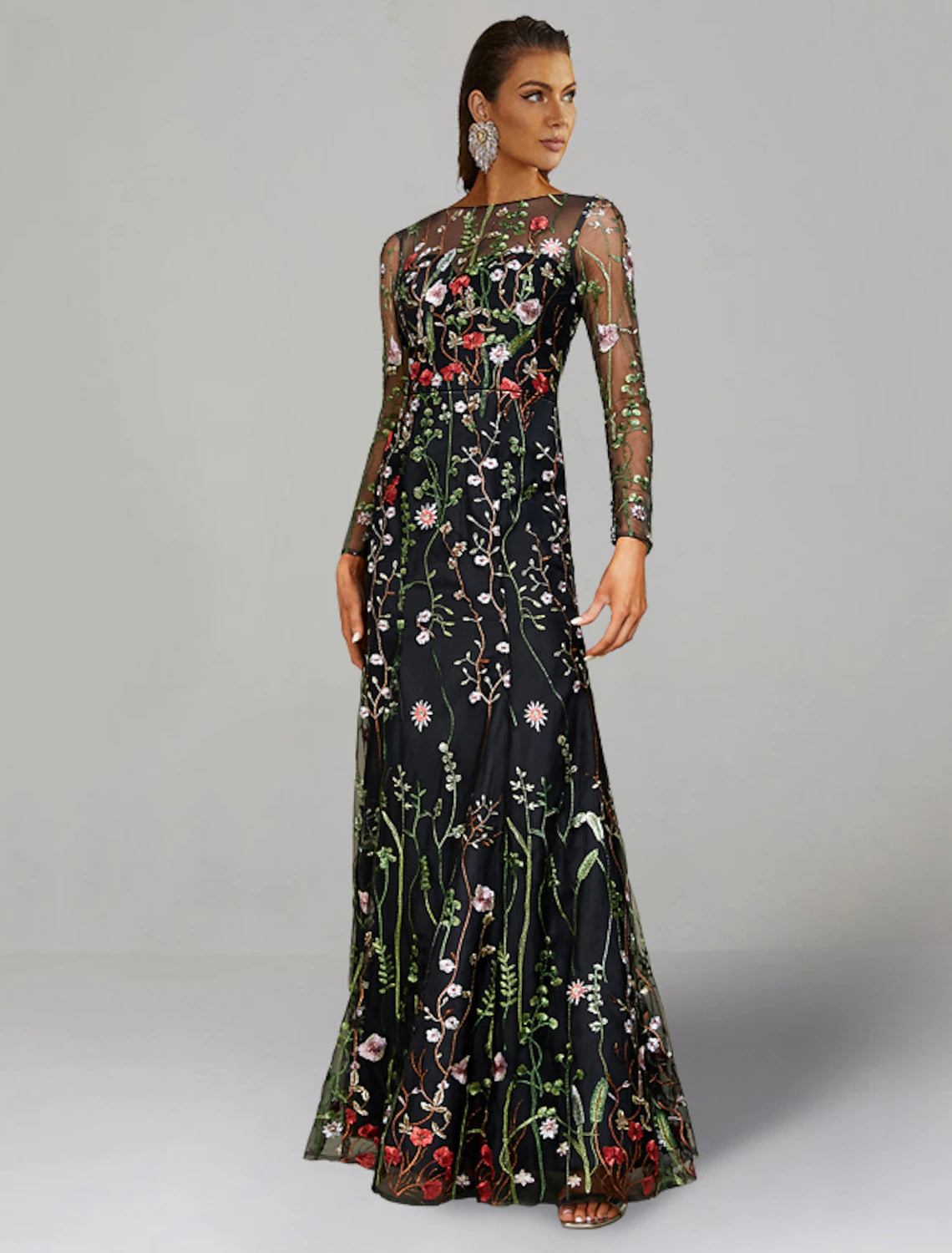 Bargain Blast Sheath / Column Wedding Guest Dresses Floral Dress Semi Formal Floor Length Long Sleeve Jewel Neck Fall Wedding Guest Tulle with Embroidery