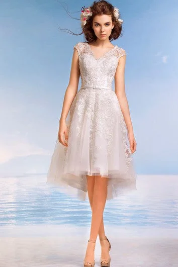 Price Rollback A-Line Knee-Length V-Neck Cap-Sleeve Illusion Lace Dress With Appliques And Pleats Price Rollback A-Line Knee-Length V-Neck Cap-Sleeve Illusion Lace Dress With Appliques And Pleats