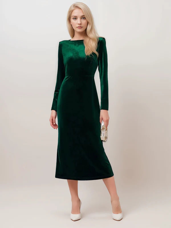 Reduced Prices Long sleeves Boat Neck Draped crisscross Back Velvet Dress