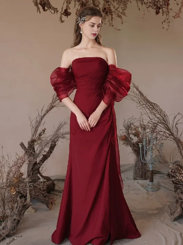 Year-End Sale Simple Off Shoulder Satin Burgundy Long Floor-length Prom Dress Evening Dress