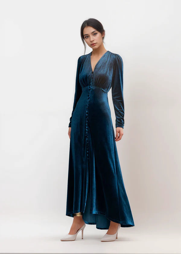 The Best Prices Vintage V-neck Dress Ruched bodice Long Velvet Prom Dress