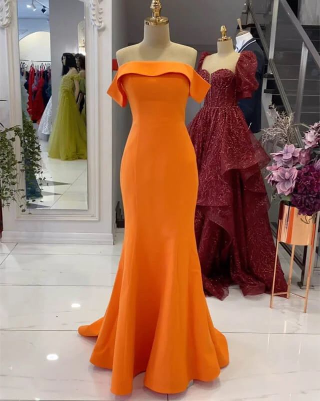 Limited Stock Mermaid Off-The-Shoulder Orange Satin Floor-length Prom Dress