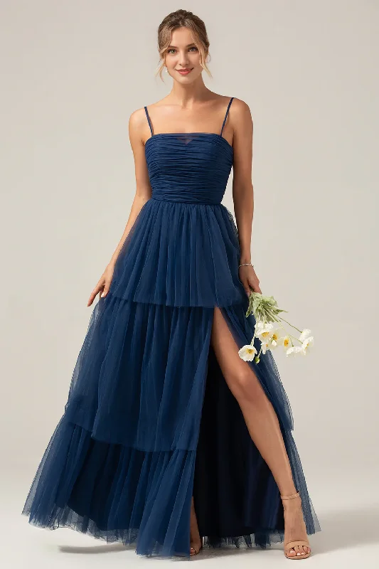 Deal of the Day Navy blue A-line thin shoulder strap chiffon pleated long slit bridesmaid dress Deal of the Day Navy blue A-line thin shoulder strap chiffon pleated long slit bridesmaid dress