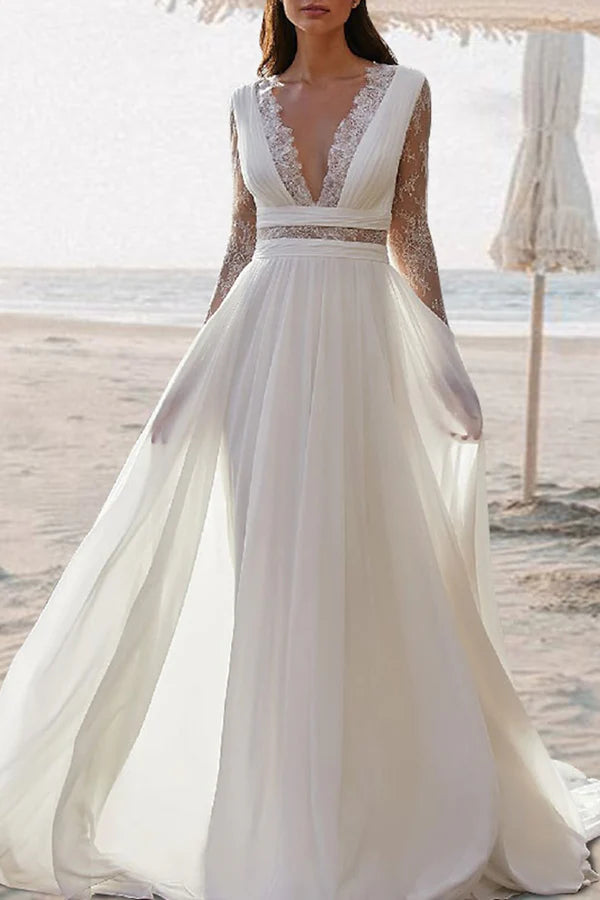 Instant Discount Beach Bohemian Wedding Dress A-line V-neck to ground length long sleeved summer bride dress