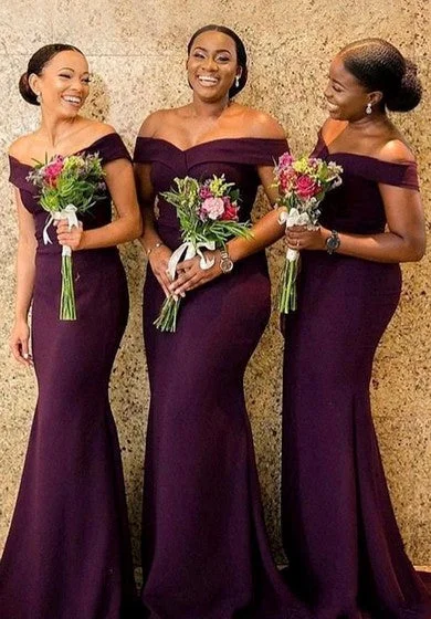 Midnight Madness Sexy Elegant Mermaid Jersey Off-the-shoulder Bridesmaid Dress With Ruching