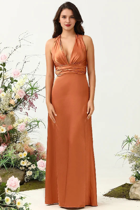 Hurry In Copper A-line V-neck backless shiny satin bridesmaid dress