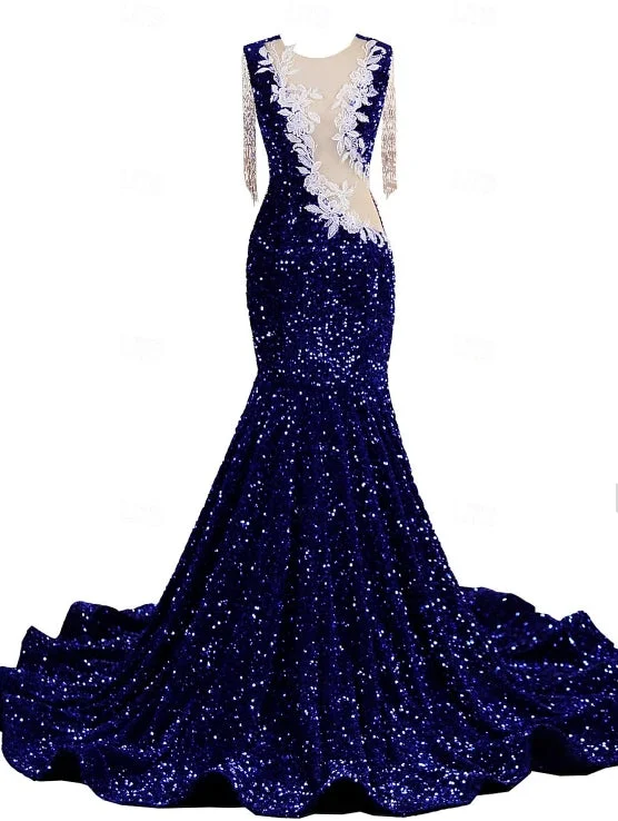 Big Discounts Mermaid / Trumpet Evening Gown Party Engagement Court Train Sleeveless Jewel Neck Fall Wedding Guest Sequined with Sequin Big Discounts Mermaid / Trumpet Evening Gown Party Engagement Court Train Sleeveless Jewel Neck Fall Wedding Guest Sequined with Sequin