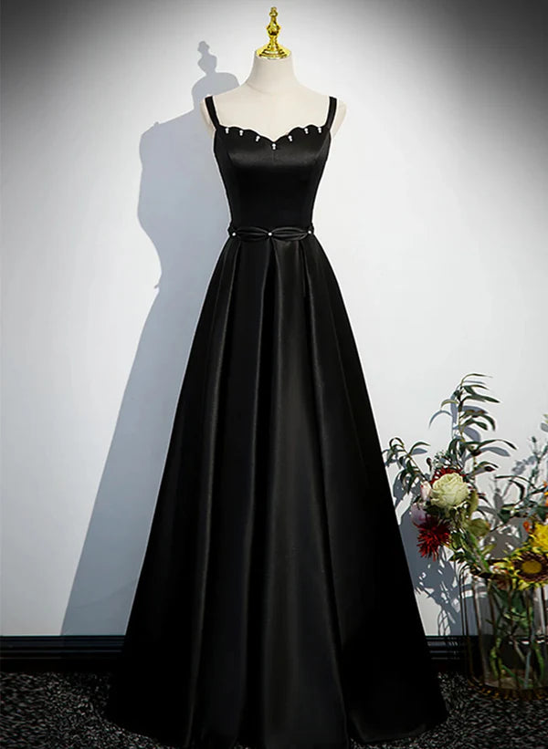 Unbeatable Prices A-line Black Satin Straps Long Formal Dress Simple Prom Dress