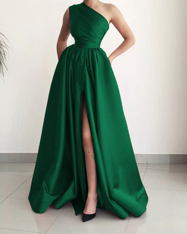 Buy More, Save More One Shoulder Split Satin A-Line Princess Prom Dresses With Pockets Buy More, Save More One Shoulder Split Satin A-Line Princess Prom Dresses With Pockets