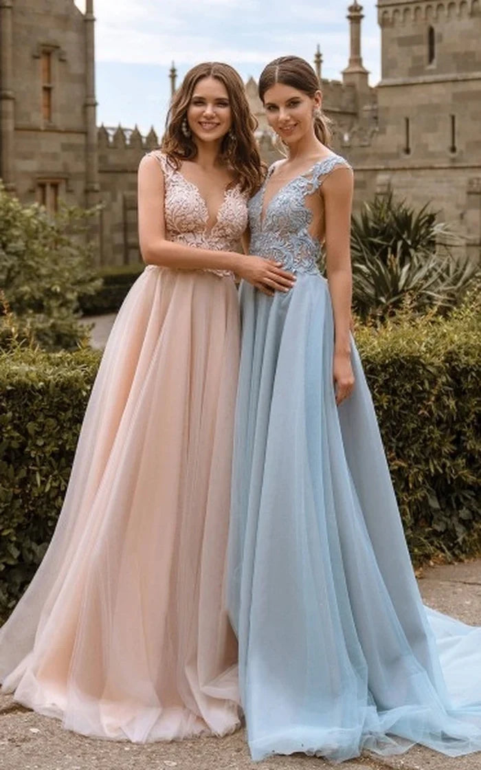 Closeout Sale Lace V Neck Bridesmaid Dresses Sexy Illusion Back Tulle Dresses