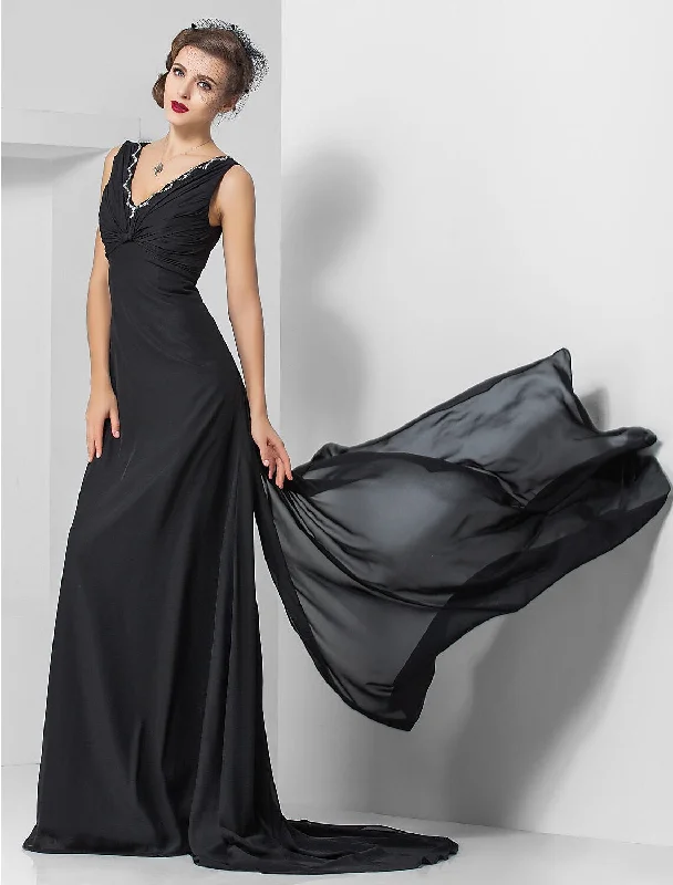 Limited Stock Sheath / Column Elegant Engagement Formal Evening Dress V Neck Sleeveless Sweep / Brush Train Chiffon with Crystals Draping