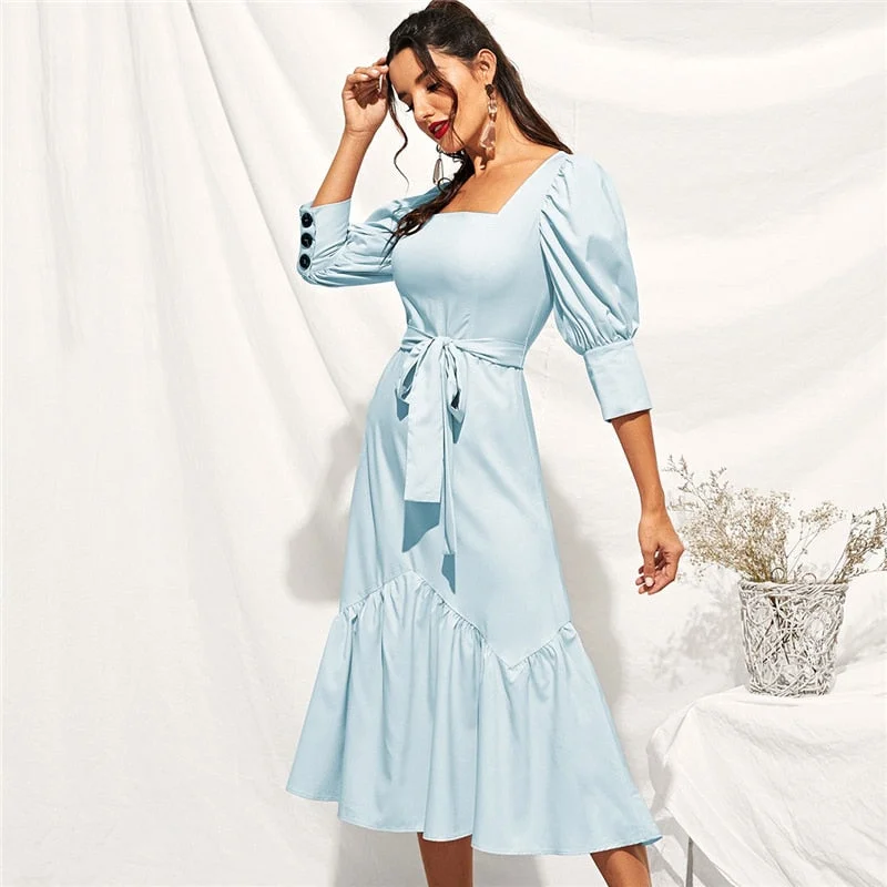 Final Clearance Women's Square Neck Solid A-Line Dress With Buttoned Cuff