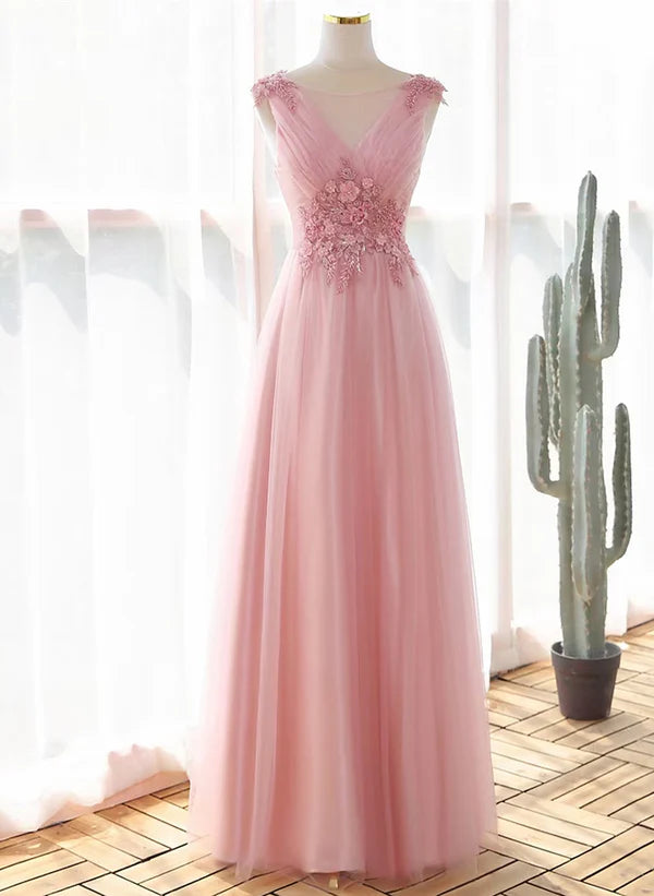 Value Deals A-Line Princess Pink Tulle V-neckline with Lace Long Party Dress Prom Dress