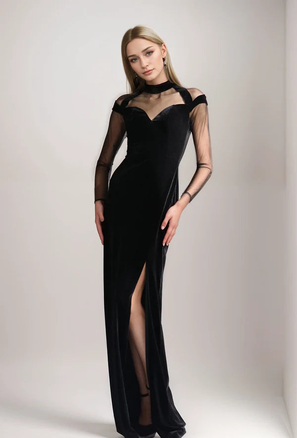 While Supplies Last Modern Tulle mesh long sleeves thigh slit Modern Black Velvet Dress While Supplies Last Modern Tulle mesh long sleeves thigh slit Modern Black Velvet Dress