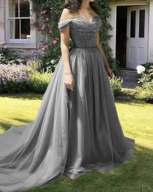 Deal Dash Flowy Tulle Off Shoulder Beaded Cowl Neck Dress Ballgown Prom Dresses