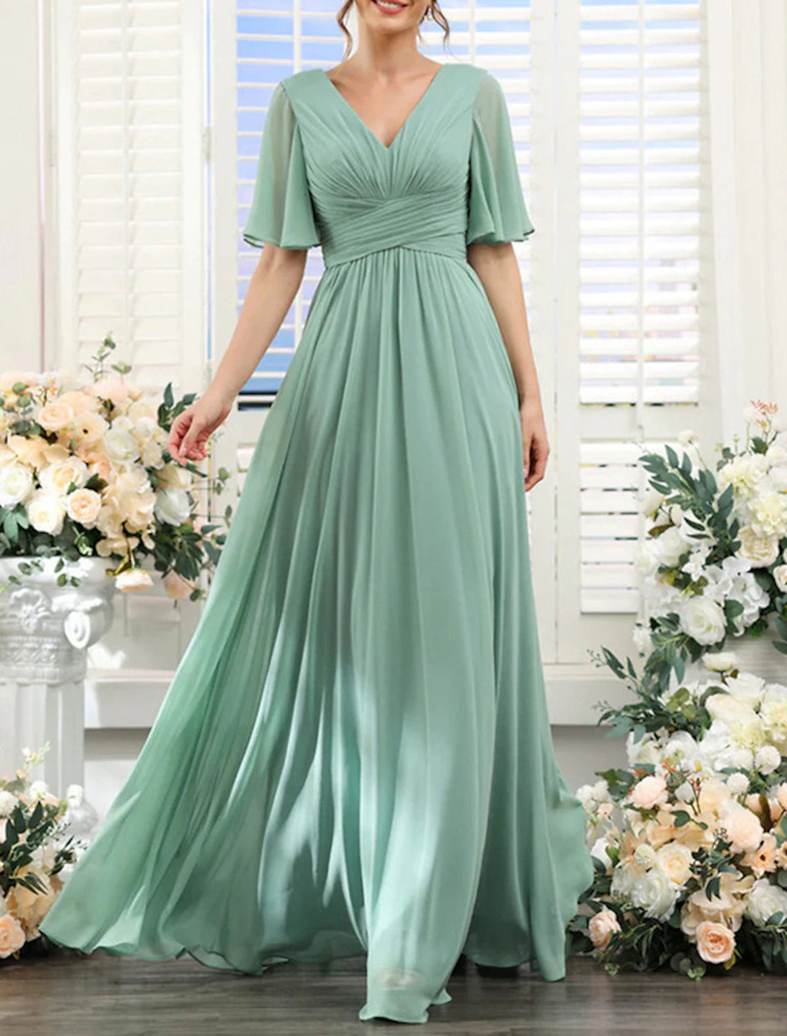 Buy More, Save More A-Line Prom Dresses Minimalist Dress Engagement Black Tie Gala Floor Length Half Sleeve V Neck Wednesday Addams Family Chiffon V Back with Pleats Ruched