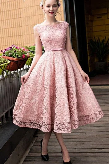 Online Only A-Line Bateau Lace Pearls Tea-Length Prom Dress