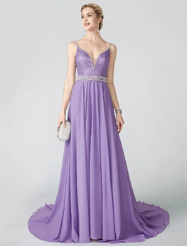 Can't Be Beat Ball Gown Beaded & Sequin Holiday Cocktail Party Formal Evening Dress Plunging Neck Sleeveless Court Train Chiffon Metallic Lace with Sash / Ribbon Pleats Beading