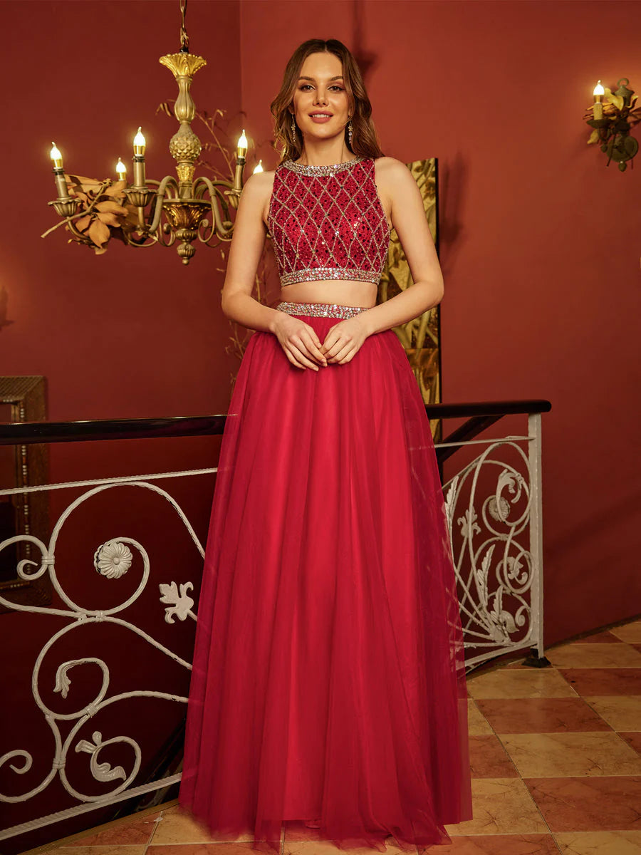 Doorbuster Deal A-Line/Princess Scoop Sleeveless Tulle Sequins Two Piece Long Prom Dresses Doorbuster Deal A-Line/Princess Scoop Sleeveless Tulle Sequins Two Piece Long Prom Dresses