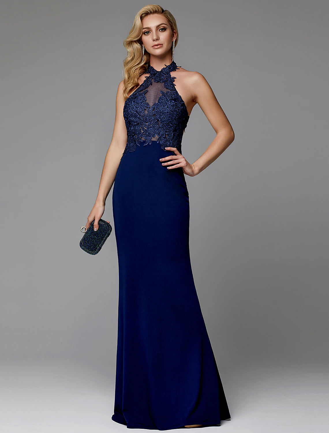 Savings Event Sheath / Column Evening Gown Cut Out Dress Wedding Guest Floor Length Sleeveless Halter Neck Spandex Crisscross Back with Appliques Savings Event Sheath / Column Evening Gown Cut Out Dress Wedding Guest Floor Length Sleeveless Halter Neck Spandex Crisscross Back with Appliques