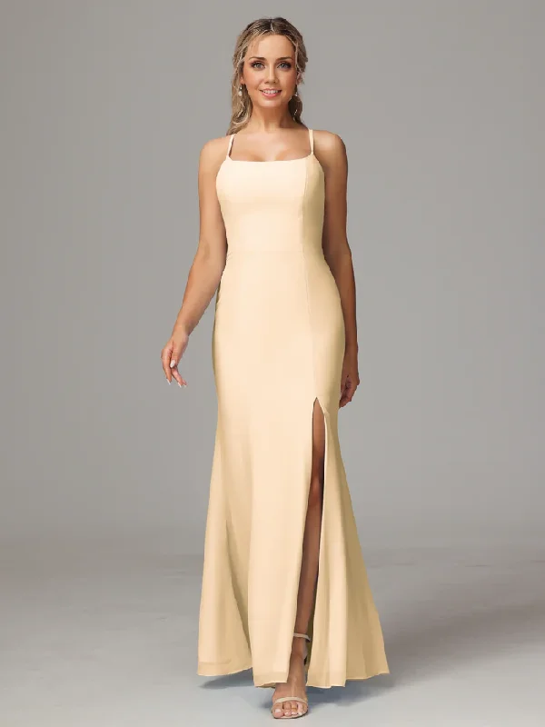 Bargain Prices Spaghetti Straps Cross Back Chiffon Long Bridesmaid Dress With Slit
