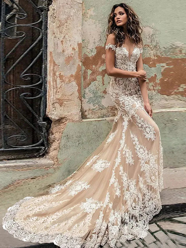 Incredible Offers Wedding Dresses in Color Formal Wedding Dresses Trumpet Cap Sleeve Off Shoulder Lace With Appliques Incredible Offers Wedding Dresses in Color Formal Wedding Dresses Trumpet Cap Sleeve Off Shoulder Lace With Appliques