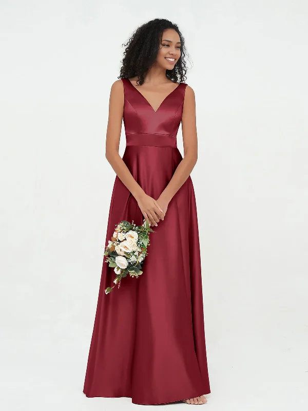 Huge Savings A-Line Princess V-neck Satin Max Dresses Bridesmaid Dresses with Pockets-Burgundy