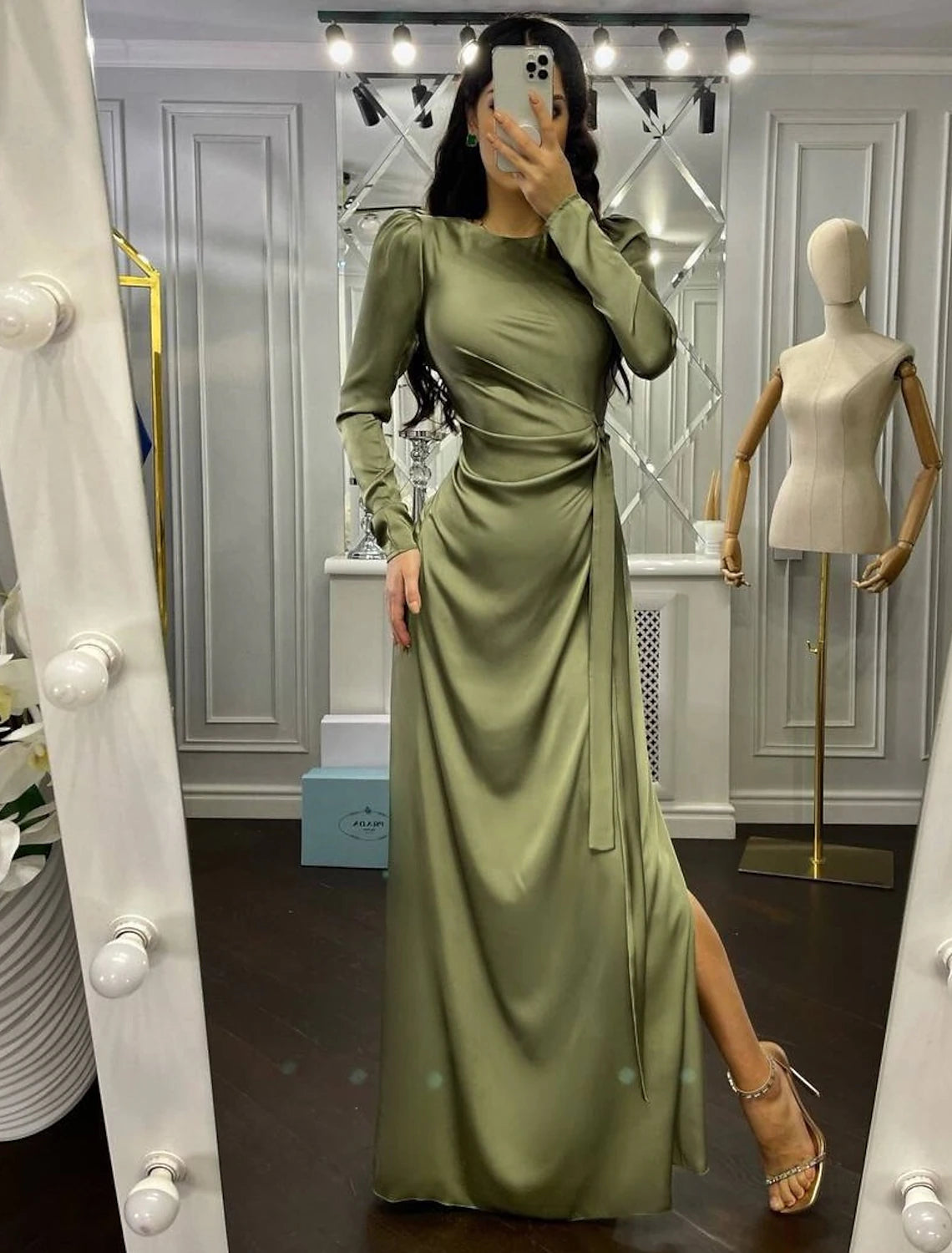 Limited Availability Sheath / Column Evening Gown Elegant Dress Wedding Guest Floor Length Long Sleeve High Neck Bridesmaid Dress Satin with Ruched