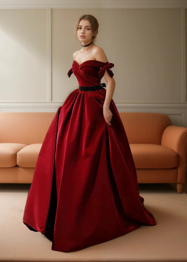 Value Deals Handmade Off-the-shoulder Ball gown Velvet Dress with bows