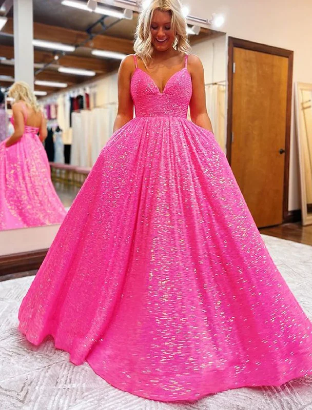Online Specials A-Line Prom Dresses Sparkle & Shine Dress Formal Prom Sweep / Brush Train Sleeveless V Neck Sequined Backless with Pleats Sequin