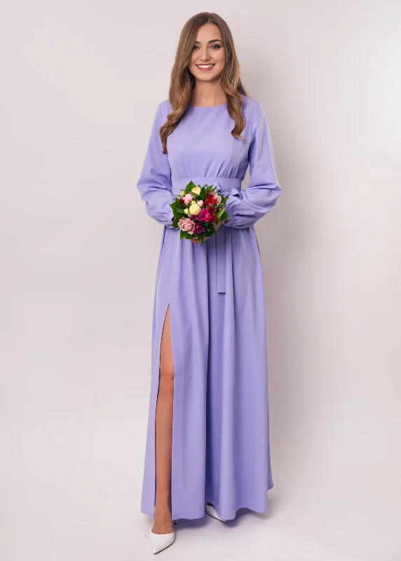 Closeout Light Purple Long Slit Maxi Party Dress With Belt Bridesmaid Dress Cocktail Dress Wedding Guest Dress