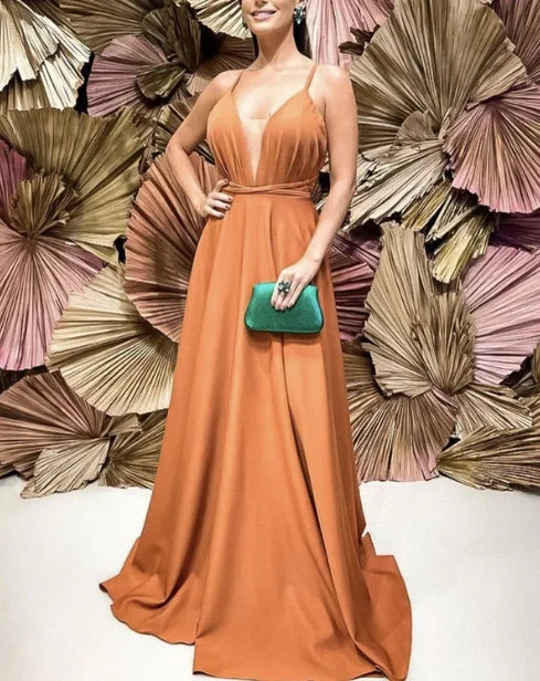 Bonus Savings Plunge Neck Open Back Bridesmaid Dresses Long A-Line Evening Dresses