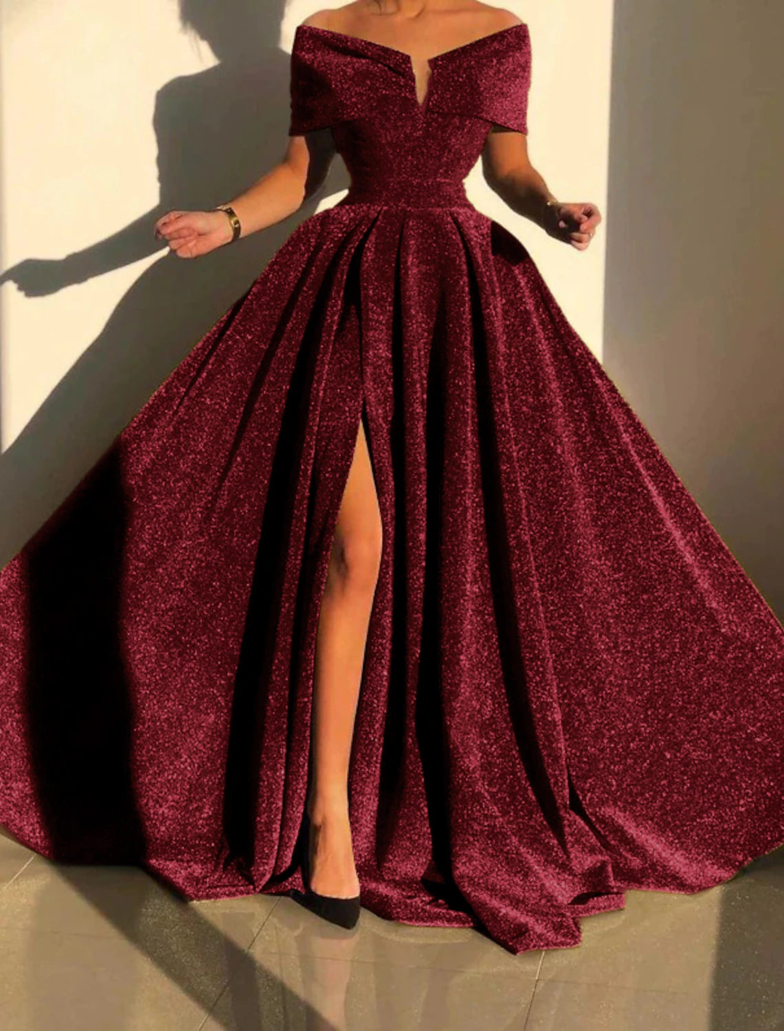 The Best Prices A-Line Evening Gown Sparkle & Shine Fall Court Train Sleeveless Off Shoulder with Slit