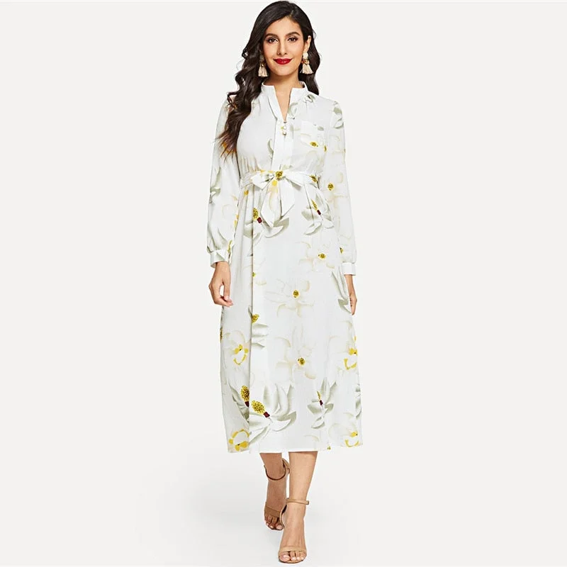 Extra Savings Women's Spring Belted High Waist Maxi Dress With Floral Print