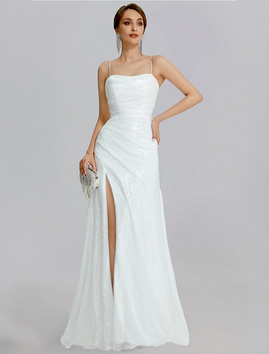 Limited Availability Mermaid / Trumpet Prom Dresses Sparkle Dress Wedding Floor Length Sleeveless Cowl Neck Sequined with Ruched Slit Limited Availability Mermaid / Trumpet Prom Dresses Sparkle Dress Wedding Floor Length Sleeveless Cowl Neck Sequined with Ruched Slit