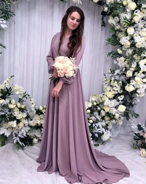 Extra Discounts Mauve Bridesmaid Dresses Long Sleeves V Neck With Sweep Train