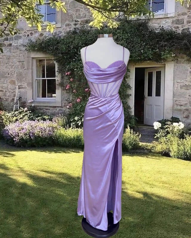 Don't Miss Mermaid Beaded Sweetheart Slit Satin Dress Prom Dresses