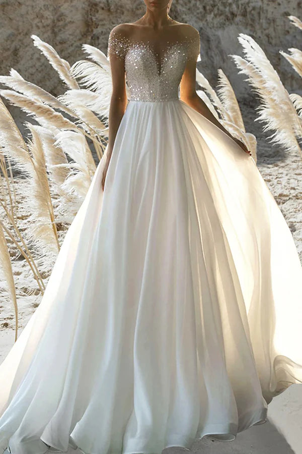 Reduced Prices Beach formal wedding dress A-line short sleeved beaded summer bride dress Reduced Prices Beach formal wedding dress A-line short sleeved beaded summer bride dress