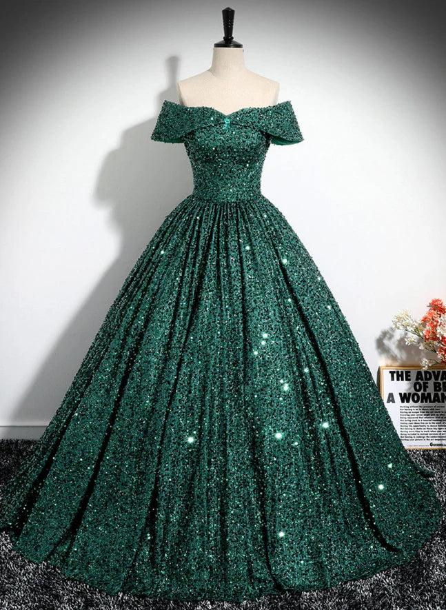 Price Blitz A-Line Princess Glitter Dark Green Sequins Off Shoulder Ball Gown Prom Dress Formal Dress Price Blitz A-Line Princess Glitter Dark Green Sequins Off Shoulder Ball Gown Prom Dress Formal Dress
