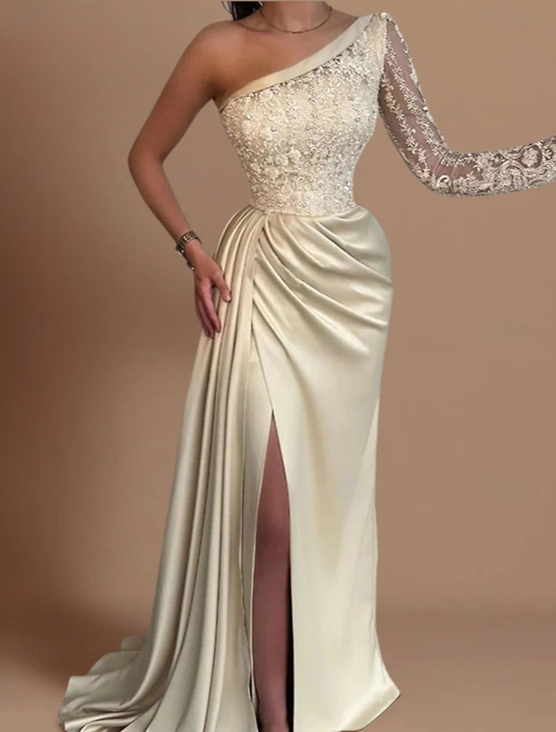 Price Drop Alert Mermaid / Trumpet Gold Evening Gown Wedding Guest Sweep / Brush Train Long Sleeve One Shoulder Bridesmaid Dress Satin with Rhinestone Appliques Price Drop Alert Mermaid / Trumpet Gold Evening Gown Wedding Guest Sweep / Brush Train Long Sleeve One Shoulder Bridesmaid Dress Satin with Rhinestone Appliques